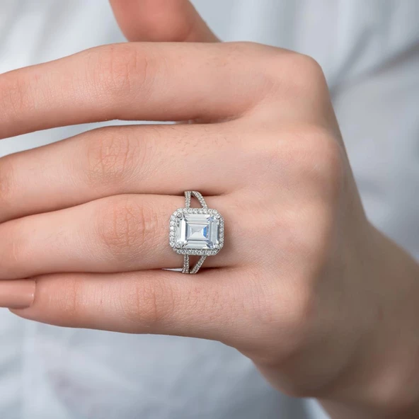 Kare Baget Taşlı Gümüş Tektaş Yüzük - Resim 5