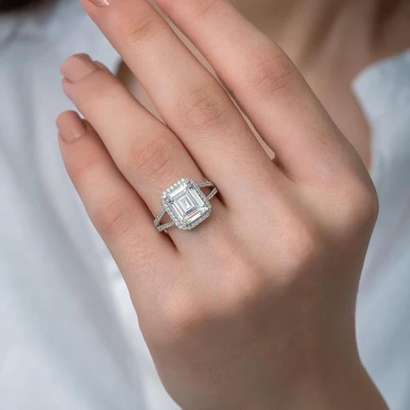 Kare Baget Taşlı Gümüş Tektaş Yüzük - Resim 3