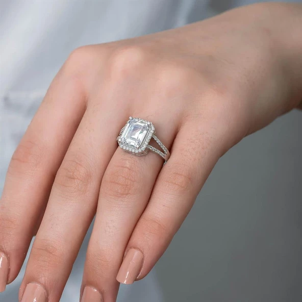 Kare Baget Taşlı Gümüş Tektaş Yüzük - Resim 10