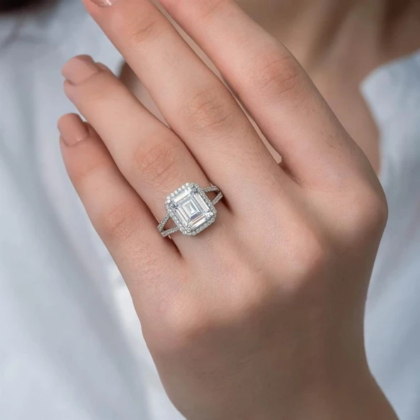 Kare Baget Taşlı Gümüş Tektaş Yüzük - Resim 7