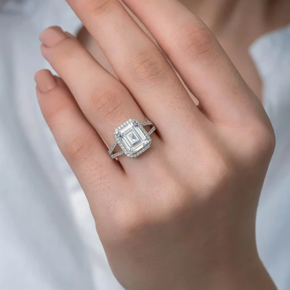 Kare Baget Taşlı Gümüş Tektaş Yüzük - Resim 8