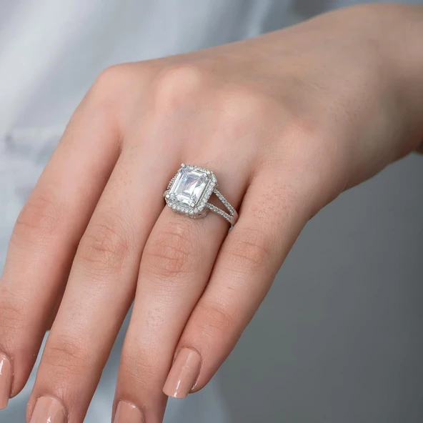 Kare Baget Taşlı Gümüş Tektaş Yüzük - Resim 2