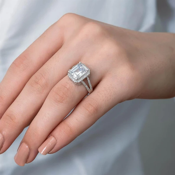 Kare Baget Taşlı Gümüş Tektaş Yüzük - Resim 11