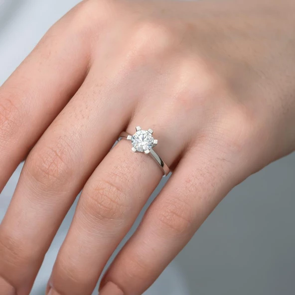 6 Tırnaklı Swarovski Taşlı Gümüş  Yüzük - 5