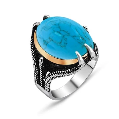 Gümüş Kartal Pençeli Firuze Taşlı Erkek Yüzük ürün görseli