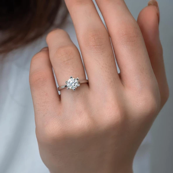 6 Tırnaklı Swarovski Taşlı Gümüş  Yüzük - 3