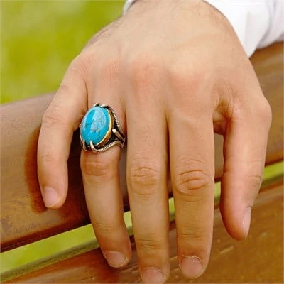 Gümüş Kartal Pençeli Firuze Taşlı Erkek Yüzük - Resim 4