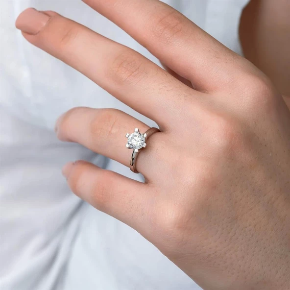 6 Tırnaklı Swarovski Taşlı Gümüş  Yüzük - 8