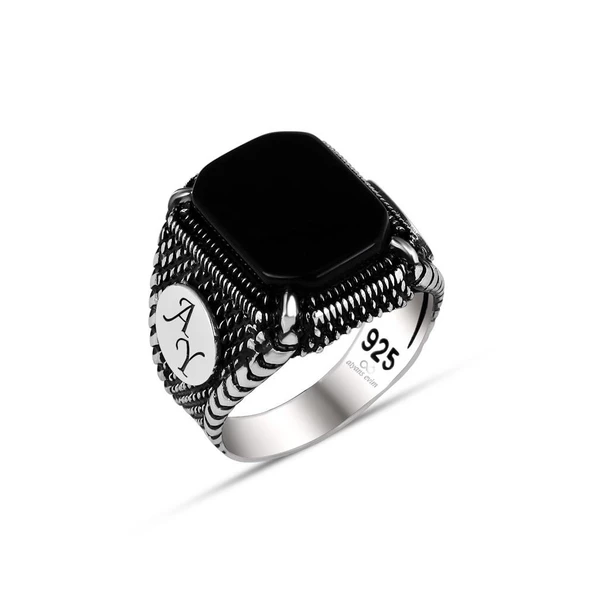 Harf Yazılı Siyah Oniks Taşlı 925 Gümüş Erkek Yüzük ürün görseli 1