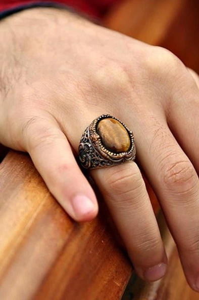 Gümüş Kaplan Gözü Taşlı Vav Desenli Erkek Yüzük ürün görseli 1