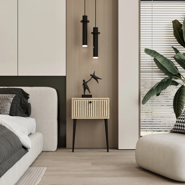 Enwood CANOPUS MDF SAFİR MEŞE AHŞAP AYAKLI TEK KAPAKLI KOMODİN