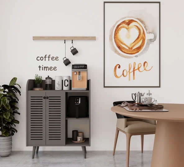 Enwood MAGNETAR GRİ MDF KAHVE KÖŞESİ AHŞAP AYAKLI PANJUR KAPAKLI-RAFLI