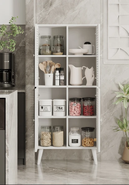 Enwood DENEB MDF BEYAZ 4 KAPAKLI(PANJUR KAPAK) AHŞAP AYAKLI KİLER DOLABI - 4