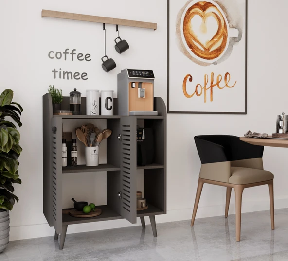 Enwood MAGNETAR GRİ MDF KAHVE KÖŞESİ AHŞAP AYAKLI PANJUR KAPAKLI-RAFLI - 2