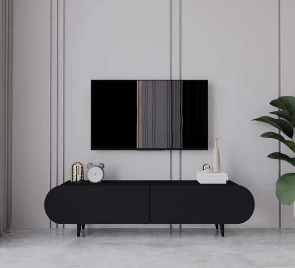 Enwood Regulus Siyah Mdf 2 Kapaklı Ahşap Ayaklı 140 Cm Modern Tv Ünitesi