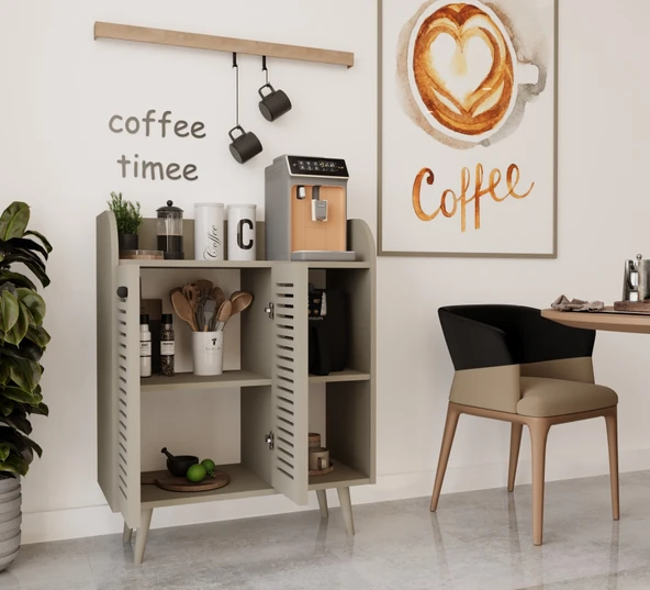 Enwood MAGNETAR KUM TAŞI RENGİ MDF KAHVE KÖŞESİ AHŞAP AYAKLI PANJUR KAPAKLI-RAFLI - 2