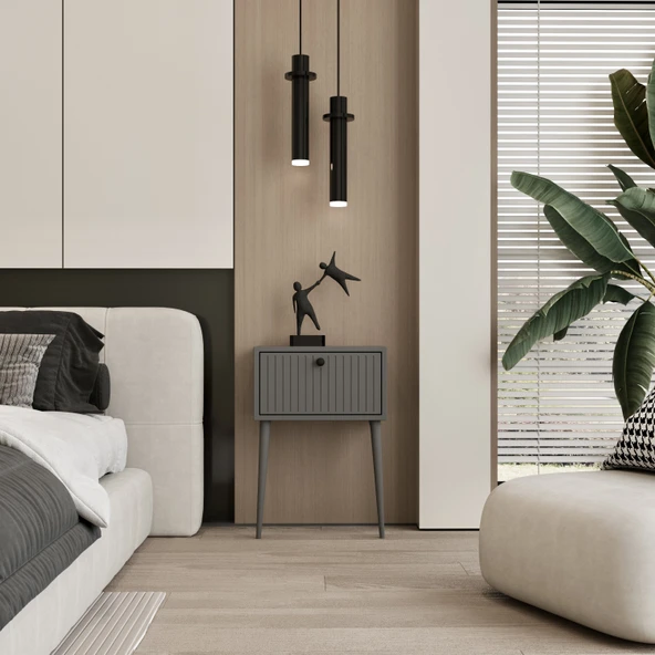 Enwood CANOPUS MDF GRİ AHŞAP AYAKLI TEK KAPAKLI KOMODİN