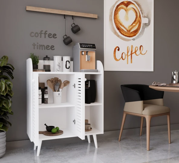 Enwood MAGNETAR BEYAZ MDF Kahve köşesi AHŞAP AYAKLI PANJUR KAPAKLI-RAFLI - 2