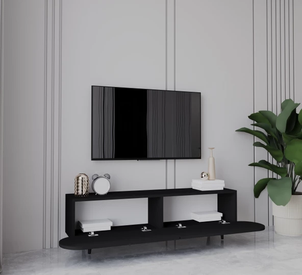 Enwood Regulus Siyah Mdf 2 Kapaklı Ahşap Ayaklı 140 Cm Modern Tv Ünitesi - 2
