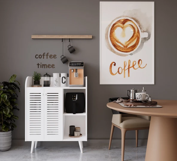 Enwood MAGNETAR BEYAZ MDF Kahve köşesi AHŞAP AYAKLI PANJUR KAPAKLI-RAFLI