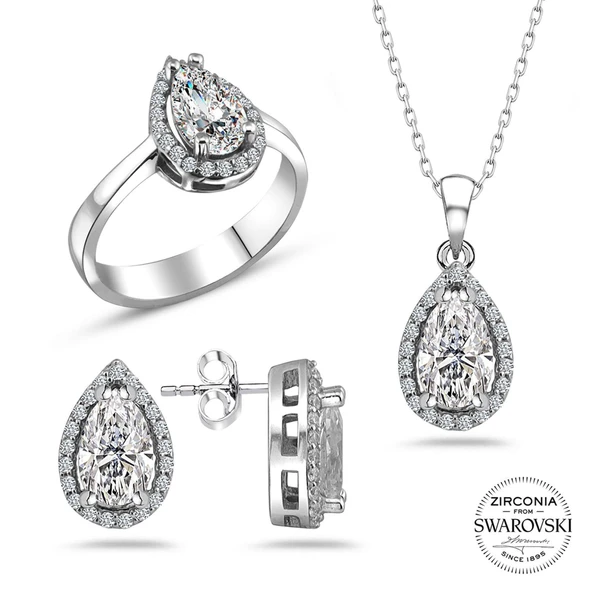 Swarovski Taşlı Damla Gümüş Kolye Küpe Yüzük Set Sertifikalı