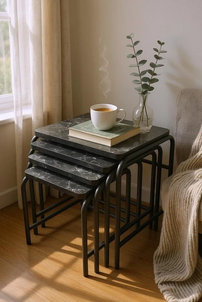 4lü sehpa & stand SİYAH METAL TAPLA: SİYAH MERMER ürün görseli