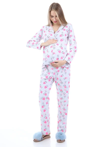 Luvmabelly MYRA9535 Düğmeli Biyeli Hamile Pijama Takımı - Kalpli - Gri
