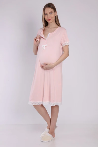 Luvmabelly MYRA9592 Önden Çıt Çıtlı Dantelli Hamile Geceliği -Pembe
