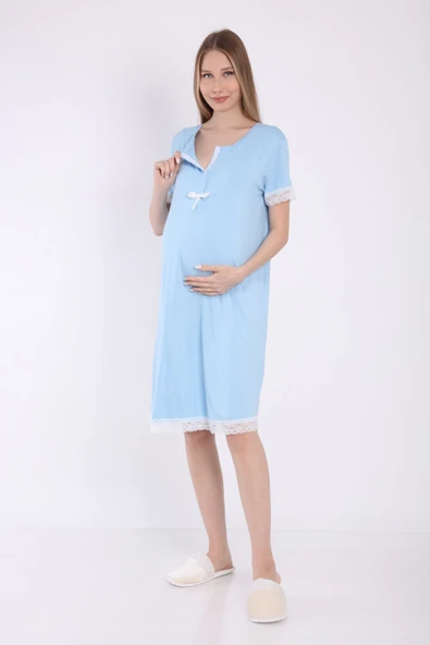 Luvmabelly MYRA9591 Önden Çıt Çıtlı Dantelli Hamile Geceliği -Mavi