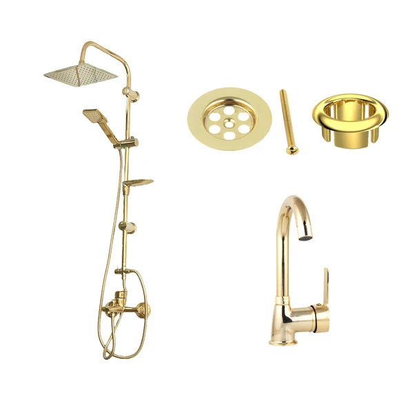 FKN Altın Duş Takımı Banyo Bataryası Lavabo Bataryası Lavabo Yüzüğü ve Süzgeci ürün görseli