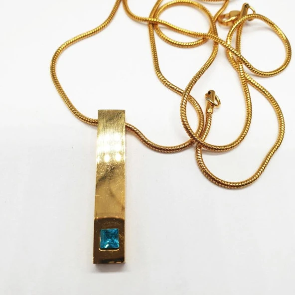 Altın Renk Mavi Taşlı Çubuk Model Çelik Kolye - 3