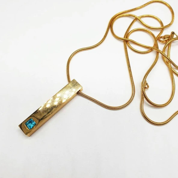 Altın Renk Mavi Taşlı Çubuk Model Çelik Kolye - 6