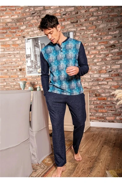 Jiber Erkek Düğme Yaka Kışlık Pijama Takımı 15080 - 1 Adet  M Lacivert ürün görseli