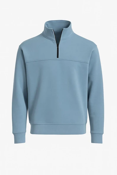 Unisex Relax Fit Rahat Kesim Pamuklu Yarım Fermuarlı Dik Yaka Sweatshirt - 9