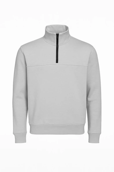 Unisex Relax Fit Rahat Kesim Pamuklu Yarım Fermuarlı Dik Yaka Sweatshirt - 8