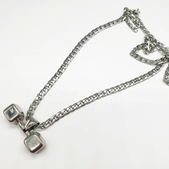 Dumbell Model Gümüş Renk Çelik Kolye - 5