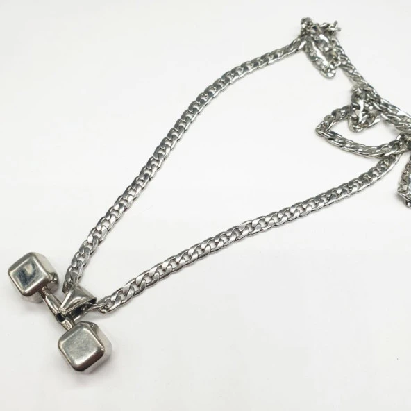 Dumbell Model Gümüş Renk Çelik Kolye - 2