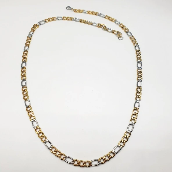 Gümüş ve Altın Rengi Erkek Çelik Zincir Kolye - 11