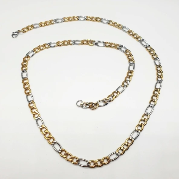 Gümüş ve Altın Rengi Erkek Çelik Zincir Kolye - 12