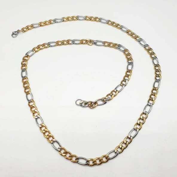 Gümüş ve Altın Rengi Erkek Çelik Zincir Kolye - 2