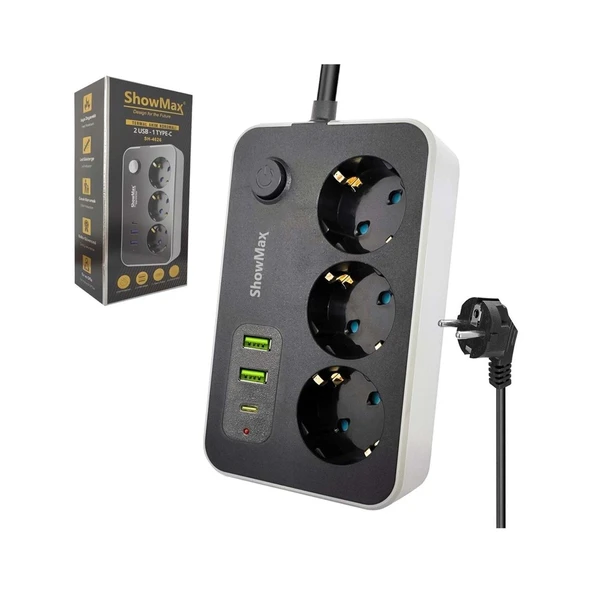 SHOWMAX SH-4626 3Lü Akım Korumalı Priz 2 Metre Anahtarlı 10A 2500 Watt 2XUSB 1XType-c