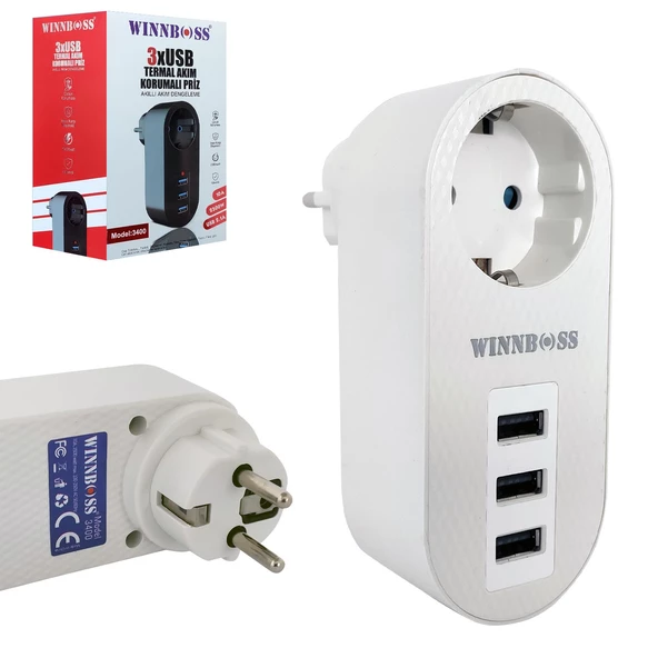 WINNBOSS WN-3400 Tekli Akım Korumalı Priz 10A 2500 Watt 3XUSB