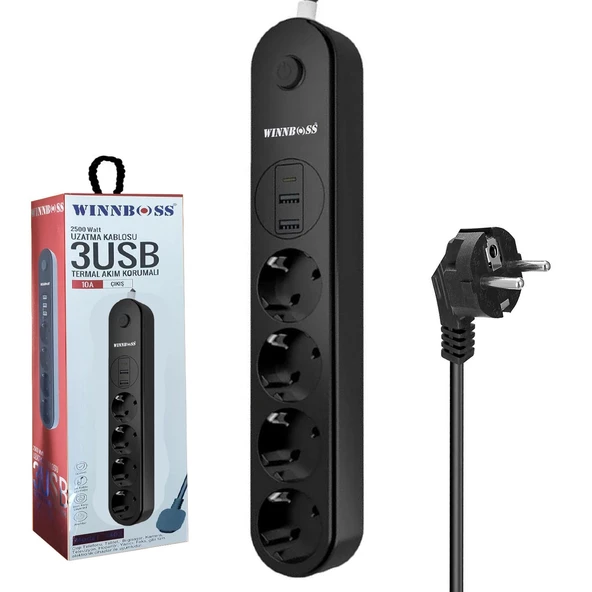 WINNBOSS WN-3402 4Lü Akım Korumalı Priz 2 Metre Anahtarlı 10A 2500 Watt 2XUSB 1XType-c