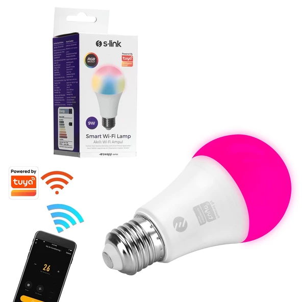 S-LİNK SL-RGB9 Akıllı Rgb Led Ampul 9W 800Lm E27 Wi-Fi Tuya Destekli