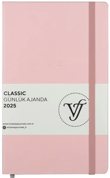 VJ AJANDA 2025 GÜNLÜK 13x21 CLASSIC SERT KAPAK IVORY 70 GR LASTİKLİ PEMBE 384 SF. 124-1453 - 1 ADET