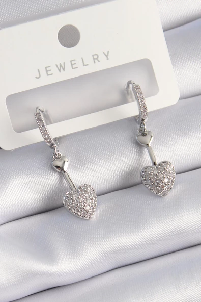 Pirinç Gümüş Renk Zirkon Taşlı Sallantı Kalp Model Kadın Küpe - EBJ241012W28499 ürün görseli