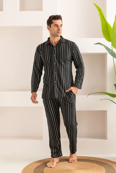Erkek Jakarlı Düğmeli Pamuk Pijama Takımı- Çizgili Erkek Pijama - 12