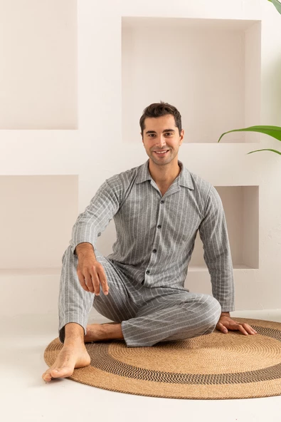 Erkek Jakarlı Düğmeli Pamuk Pijama Takımı- Çizgili Erkek Pijama - 6