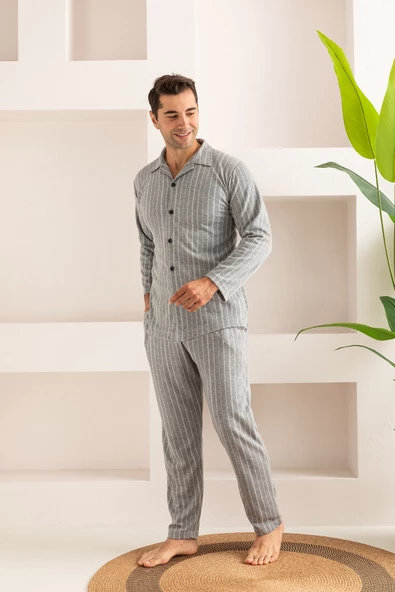Erkek Jakarlı Düğmeli Pamuk Pijama Takımı- Çizgili Erkek Pijama - 3