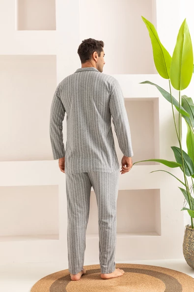 Erkek Jakarlı Düğmeli Pamuk Pijama Takımı- Çizgili Erkek Pijama - 5